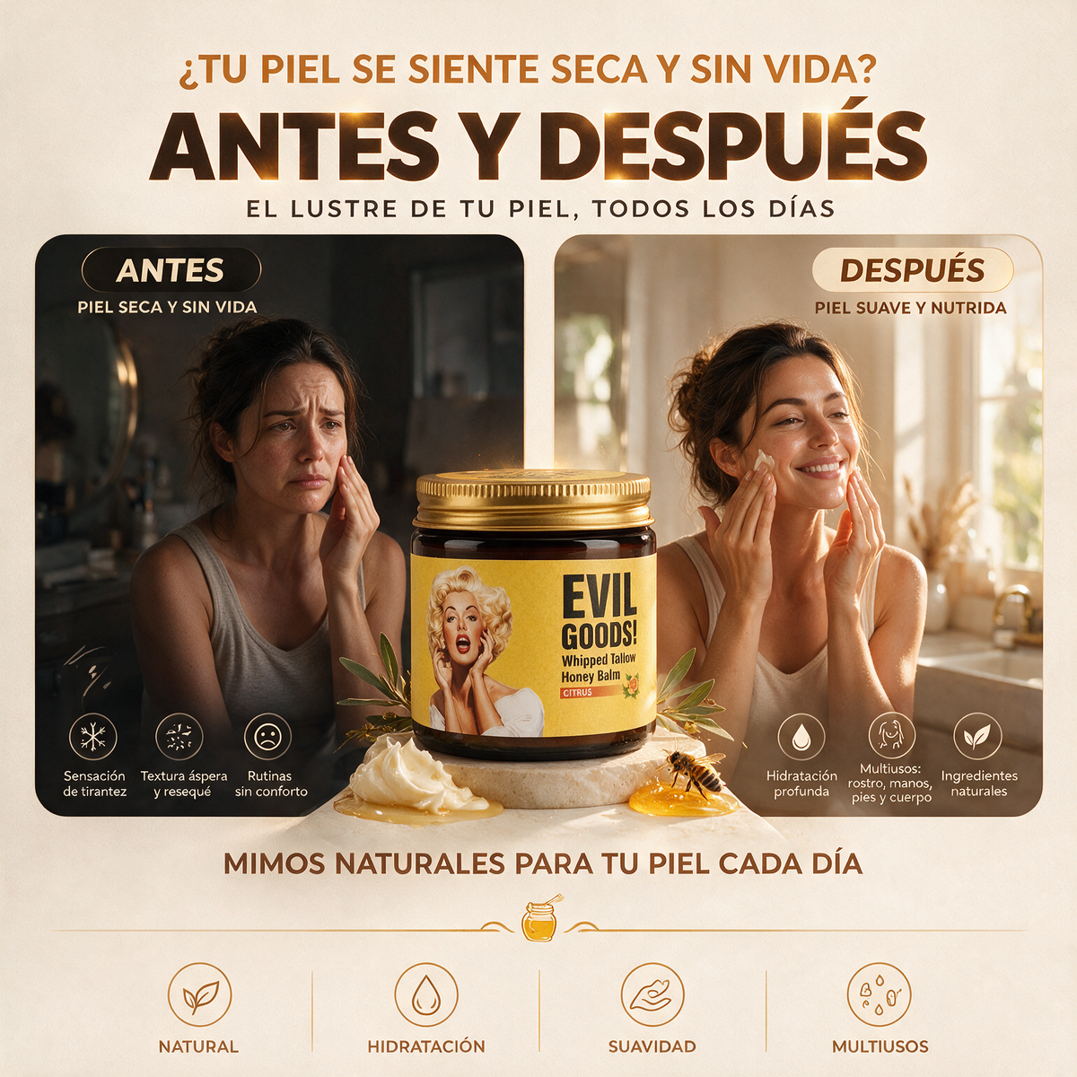 Golden Skin: Bálsamo de Sebo de Res y Miel para una Piel Suave, Hidratada y Radiante.