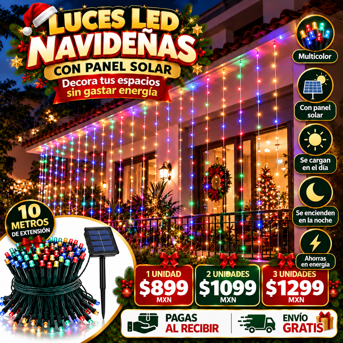 LUCES LED CON PANEL SOLAR: Más de 10 metros para decorar tu navidad