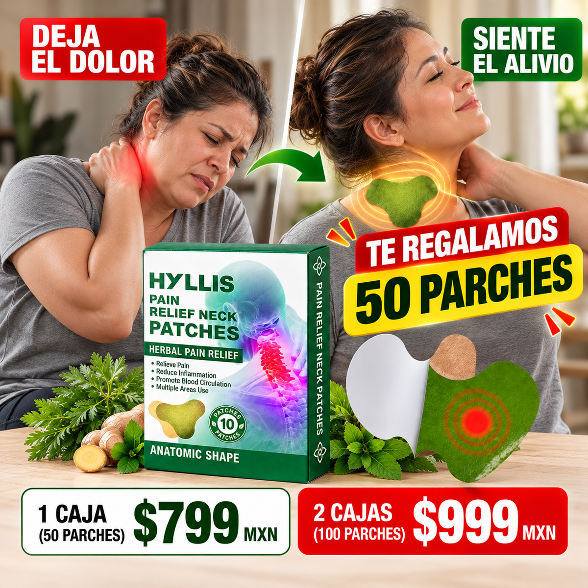 AliviaFlex: Parches Herbales de Alivio Muscular y Articular para Cuello, Espalda, Hombros y Rodillas.