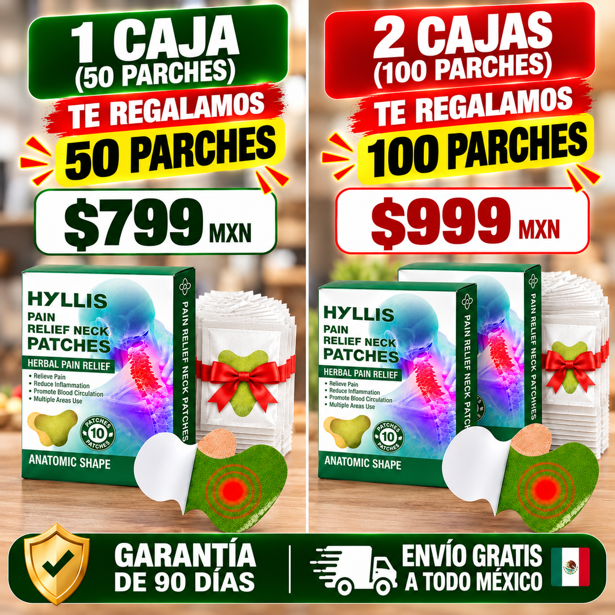 AliviaFlex: Parches Herbales de Alivio Muscular y Articular para Cuello, Espalda, Hombros y Rodillas.