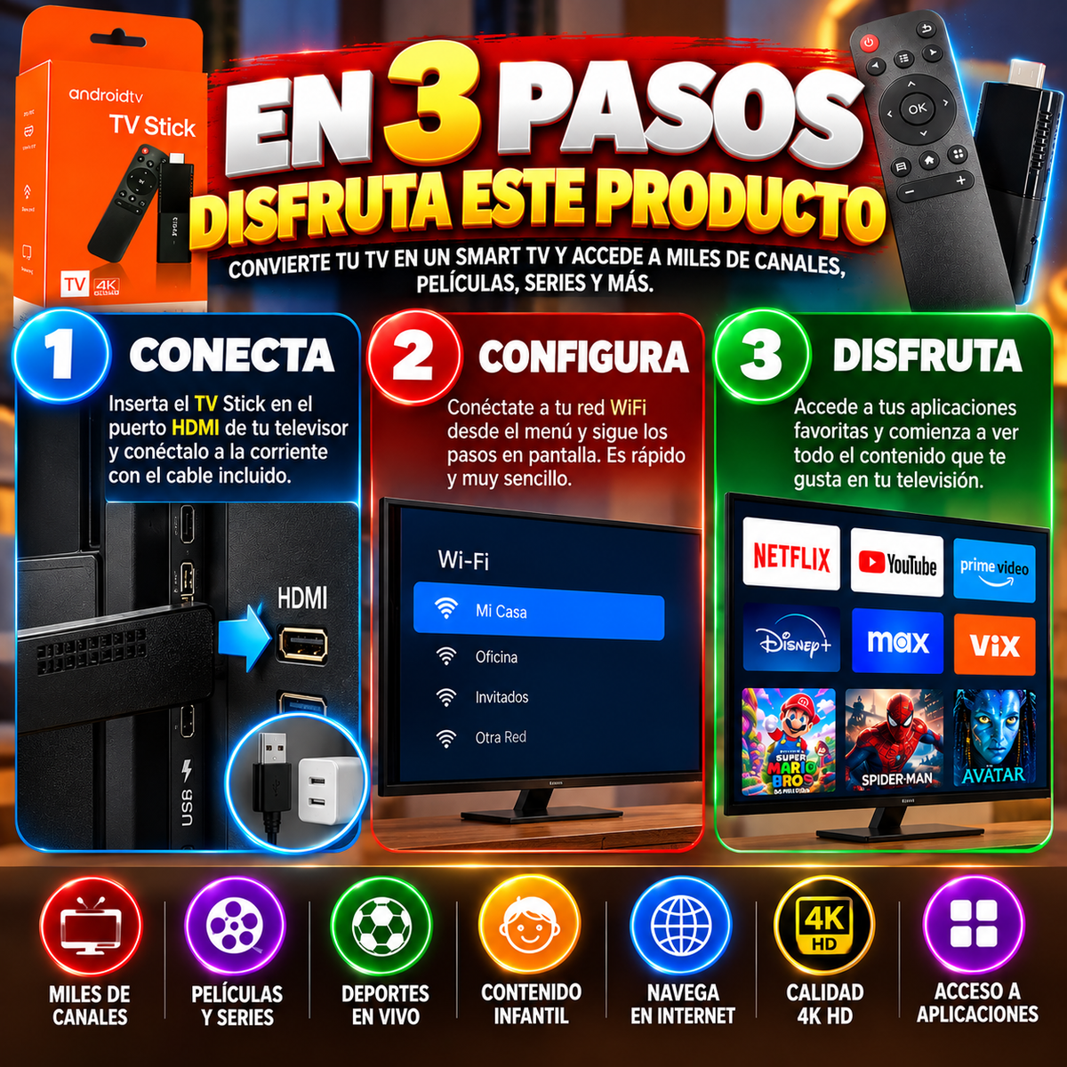 TV STICK: Convierte tu TV en Smart TV y disfruta de películas, series y canales en vivo. SIN MENSUALIDADES